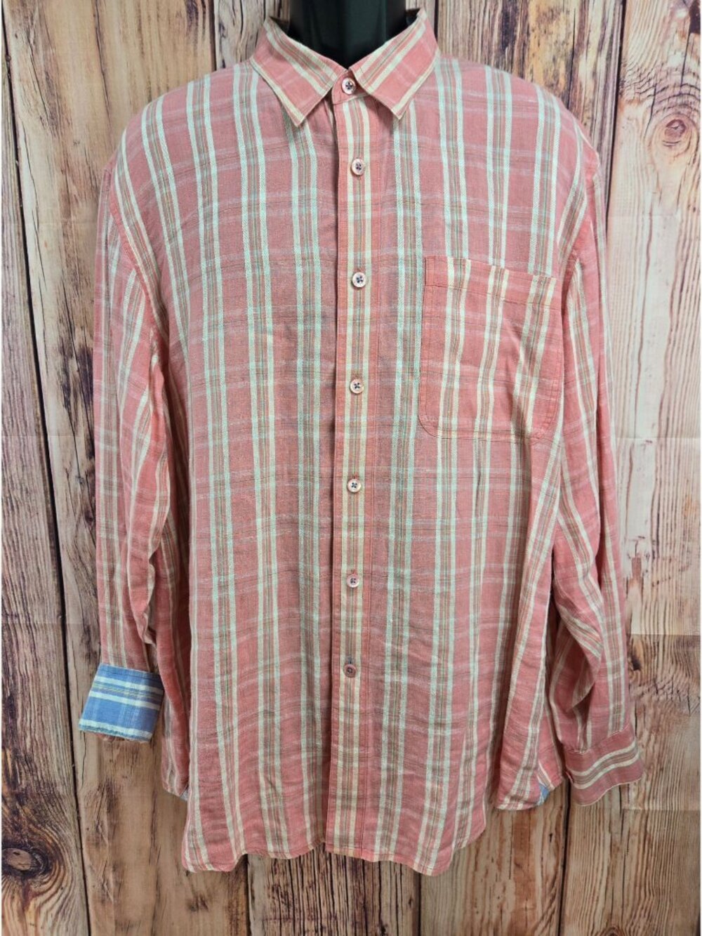 Indigo Palms Mens Coral Plaid Linen Long Sleeve Shirt XL